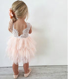 Open Back Ivory Lace Tiered Tulle Skirt Short Flower Girl Dresses