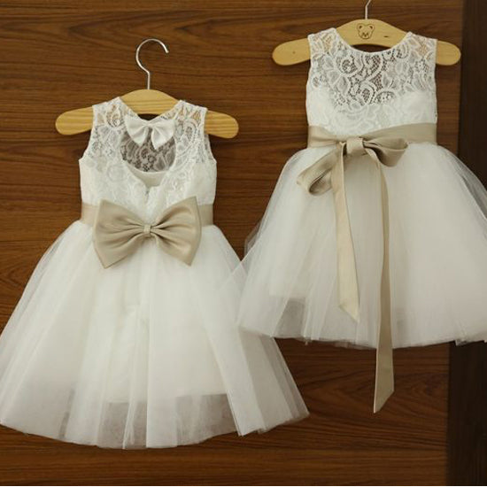 Ivory Lace Tulle Bows Long Flower Girl Dresses