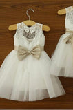 Ivory Lace Tulle Bows Long Flower Girl Dresses