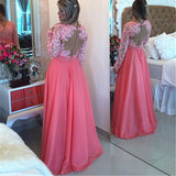Long Sleeves V Neck Lace Coral Fashion Prom Dress Evening Gowns Party Dresses