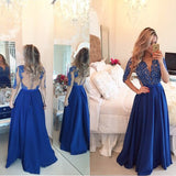 Half Sleeves V Neck See Through Back Royal Blue Prom dressEvening Gown Party Dress