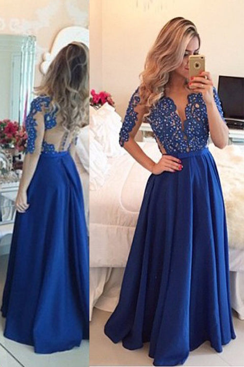 Half Sleeves V Neck See Through Back Royal Blue Prom dressEvening Gown Party Dress