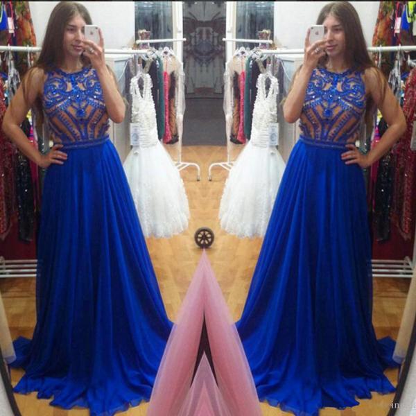 Fashion Royal Blue Chiffon Heavy Beads Long Prom Dress Evening Gowns Party Dresses
