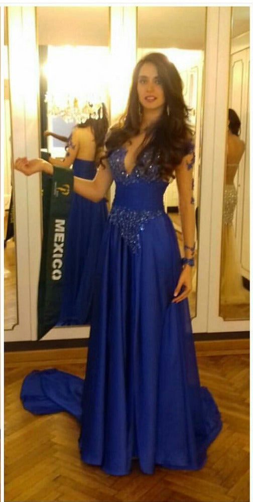 Fashion Long Sleeves Royal Blue Chiffon Appliques Slit Prom Dress Evening Party Dresses