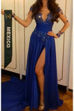 Fashion Long Sleeves Royal Blue Chiffon Appliques Slit Prom Dress Evening Party Dresses