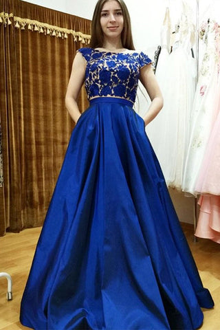 Royal Blue Cap Sleeves 2 Pieces Lace Prom dressEvening Gown Party Dress With Pocket