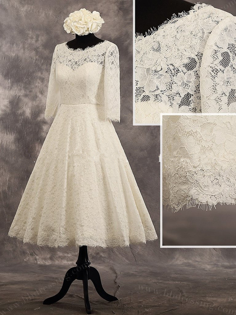 3/4 Sleeves Lace Tea Length Wedding Dress Bridal Dresses