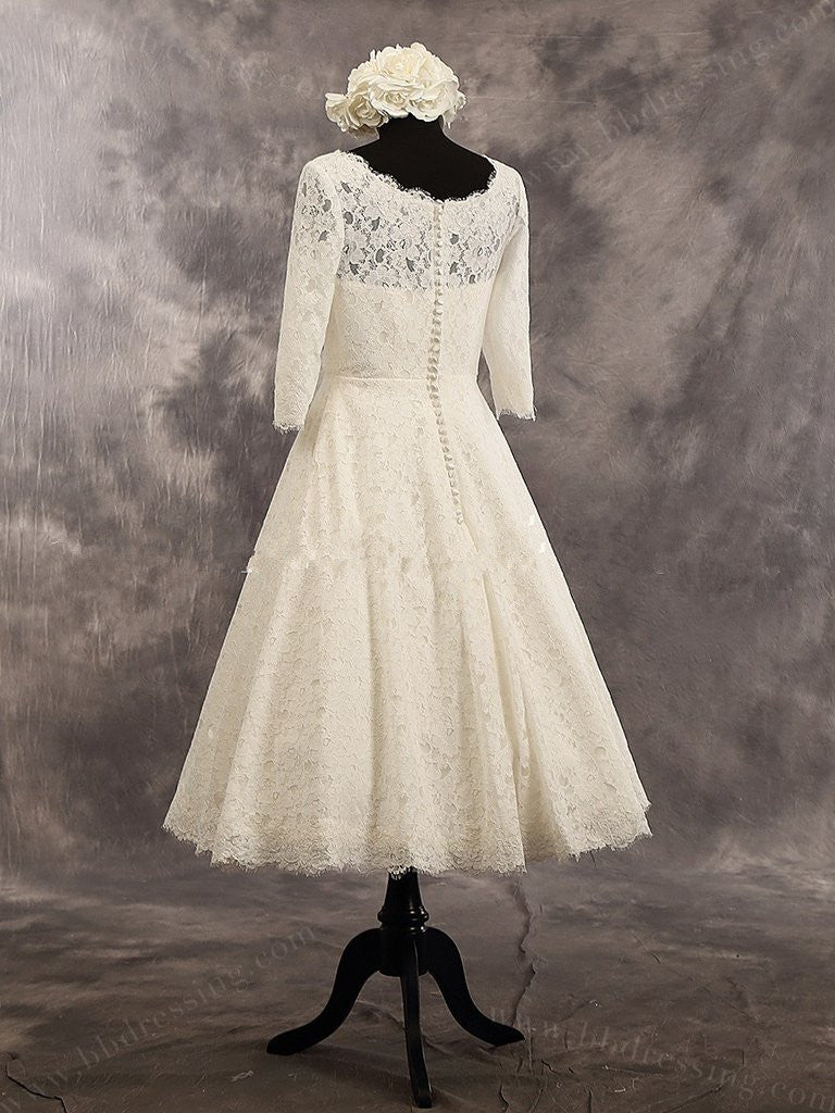3/4 Sleeves Lace Tea Length Wedding Dress Bridal Dresses