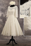 3/4 Sleeves Lace Tea Length Wedding Dress Bridal Dresses