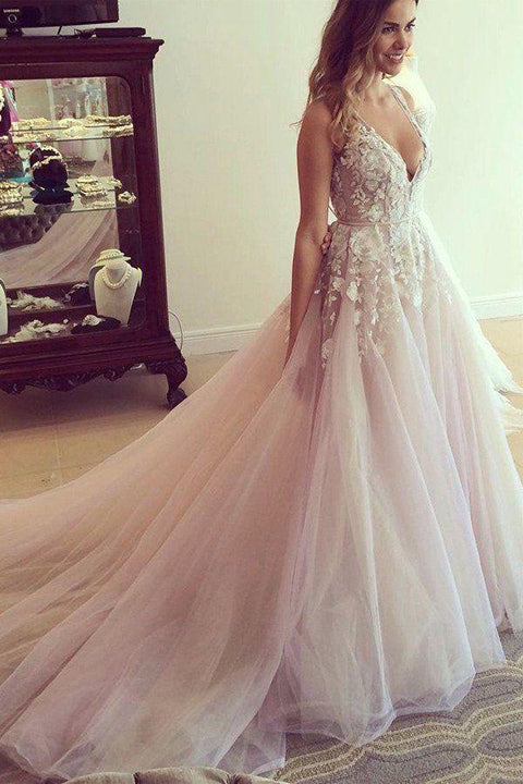 Hot Sales Pink Tulle Ivory Lace Chapel Train Prom dressWedding Dress Evening Gowns