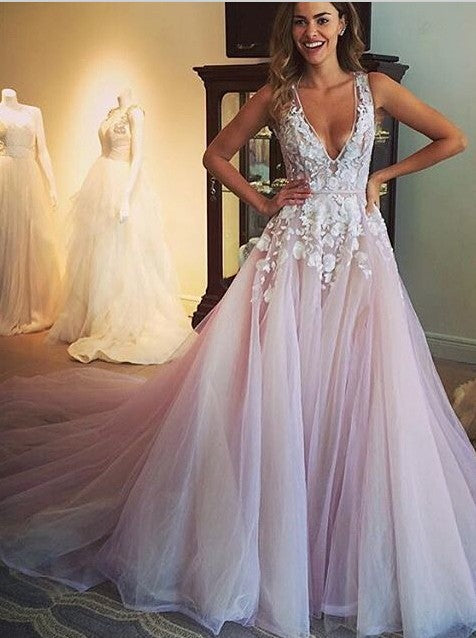 Hot Sales Pink Tulle Ivory Lace Chapel Train Prom dressWedding Dress Evening Gowns