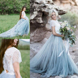 Cap Sleeves White Lace Jacket Baby Blue Tulle Prom dressEvening Gowns Party Dress
