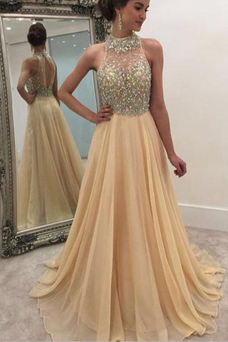 Shiny Crystal High Neck A Line Long Prom dressEvening Dress Graduation Dress