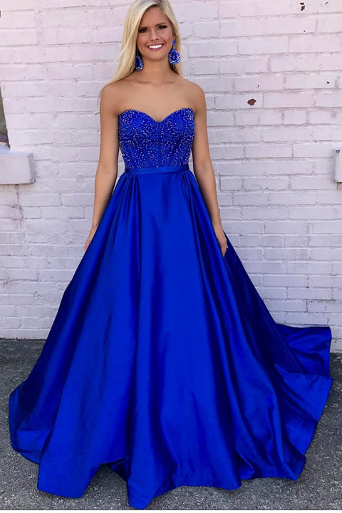 A Line Sweetheart Royal Blue Satin Long Prom Dress Evening Gowns Graduation Dress
