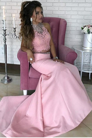 Fashion 2 Pieces High Neck Pink Satin Lace Mermaid Prom dressEvening Gown Party Dress