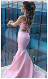 Fashion 2 Pieces High Neck Pink Satin Lace Mermaid Prom dressEvening Gown Party Dress