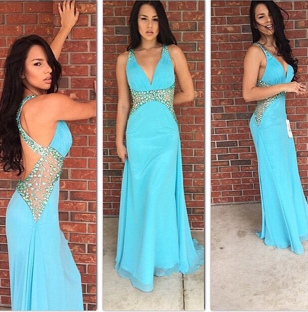 Backless Off the Shoulder V Neck Sexy Ice Blue Prom Dress Evening Gowns Party Dresses