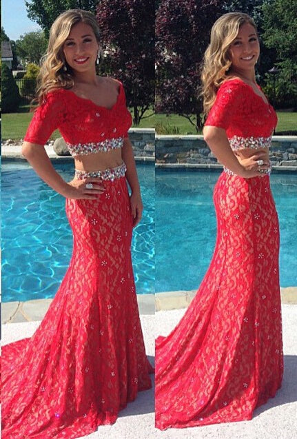 Red Lace Short Sleeves 2 Pieces Mermaid Long Prom dressEvening Gown Party Dress