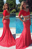 Red Lace Short Sleeves 2 Pieces Mermaid Long Prom dressEvening Gown Party Dress
