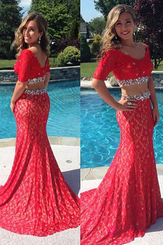 Red Lace Short Sleeves 2 Pieces Mermaid Long Prom dressEvening Gown Party Dress