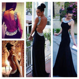 Sexy Open Back Black Mermaid Crystals Long Prom Dress Evening Gowns Party Dresses