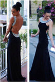 Sexy Open Back Black Mermaid Crystals Long Prom Dress Evening Gowns Party Dresses