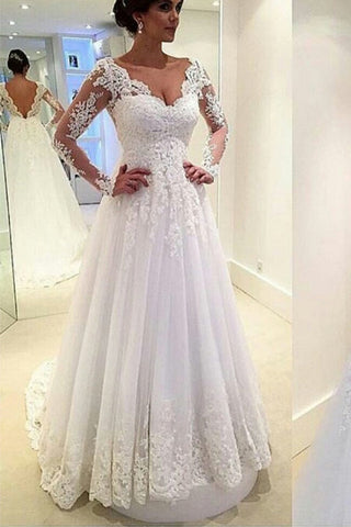 Long Sleeves White Lace Appliques V Neck High Quality Wedding Dress Bridal Dress Wedding Gown