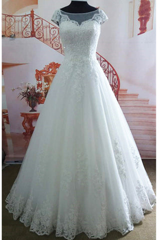 A Line Cap Sleeves White Lace Wedding Dresses Bridal Dress Wedding Gown