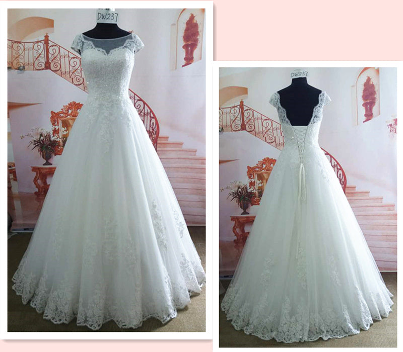 A Line Cap Sleeves White Lace Wedding Dresses Bridal Dress Wedding Gown