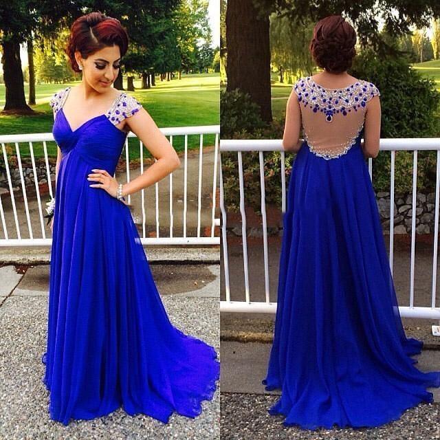 Cap Sleeves See Through Royal Blue Empire Waist Prom Dress Evening Party Dresses