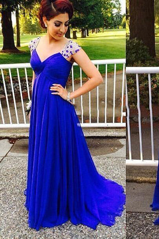 Cap Sleeves See Through Royal Blue Empire Waist Prom Dress Evening Party Dresses