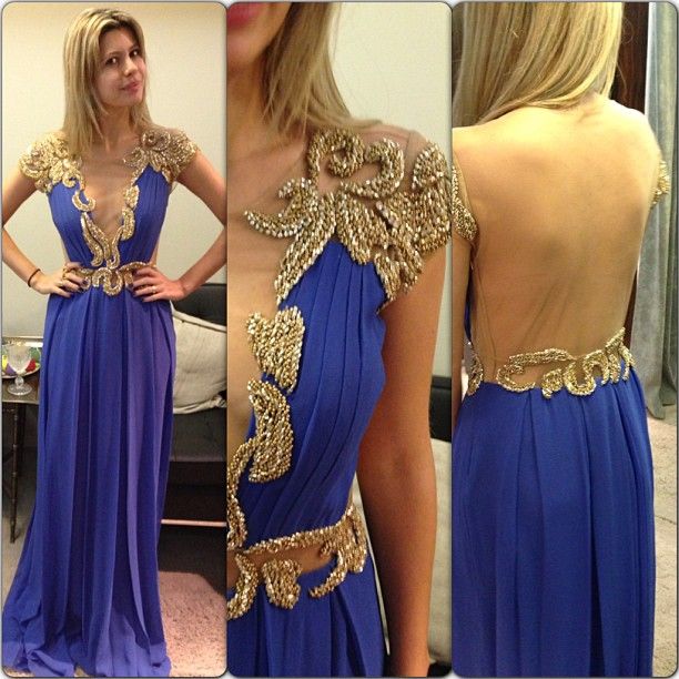 Gold Beads Royal Blue Chiffon Prom Dresses Evening Party Dress