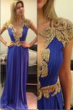 Gold Beads Royal Blue Chiffon Prom Dresses Evening Party Dress