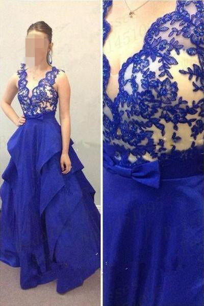 Royal Blue V Neck Lace Prom Dresses Evening Dress Party Gowns