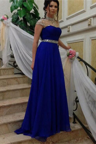 High Neck Cap Sleeves Royal Blue Prom Dresses Evening Dress Party Gowns