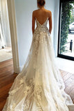 V Neck Spaghetti Straps Backless Chapel Train Wedding Dresses