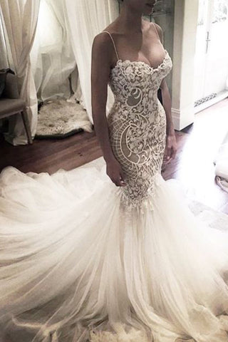 Open Back Mermaid Straps Lace Wedding Dress Bridal Dresses Wedding Gowns