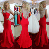 Red Satin See Through Beads Mermaid Long Prom Dress