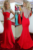 Red Satin See Through Beads Mermaid Long Prom Dress