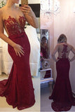 Sexy Top See Through Burgundy Lace Mermaid Long Prom Dress Evening Party Dresses