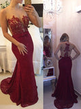 Sexy Top See Through Burgundy Lace Mermaid Long Prom Dress Evening Party Dresses