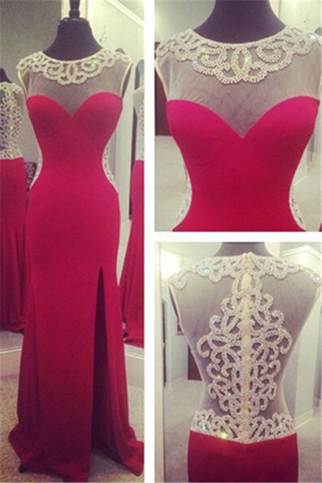 See Through Back Red Mermaid Long Slit Sexy Prom Dress