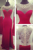 See Through Back Red Mermaid Long Slit Sexy Prom Dress