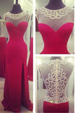 See Through Back Red Mermaid Long Slit Sexy Prom Dress