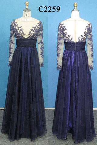 Dark Blue Long Sleeves Appliques Prom Dresses