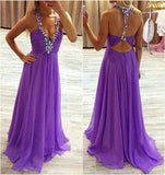 A Line V Neck Halter Backless Purple Prom Dresses Evening Dress Party Gowns