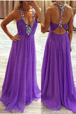A Line V Neck Halter Backless Purple Prom Dresses Evening Dress Party Gowns
