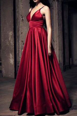 Empire Waist V Neck Burgundy Straps Long Prom Dress