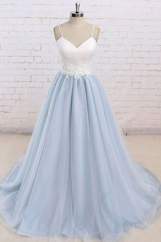 Spaghetti Straps Light Blue White Tulle Appliques Prom Dresses Evening Dress Party Gowns