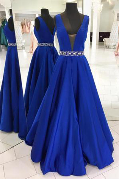 Off the Shoulder V Neck Royal Blue Prom Dresses Evening Gown Party Dress